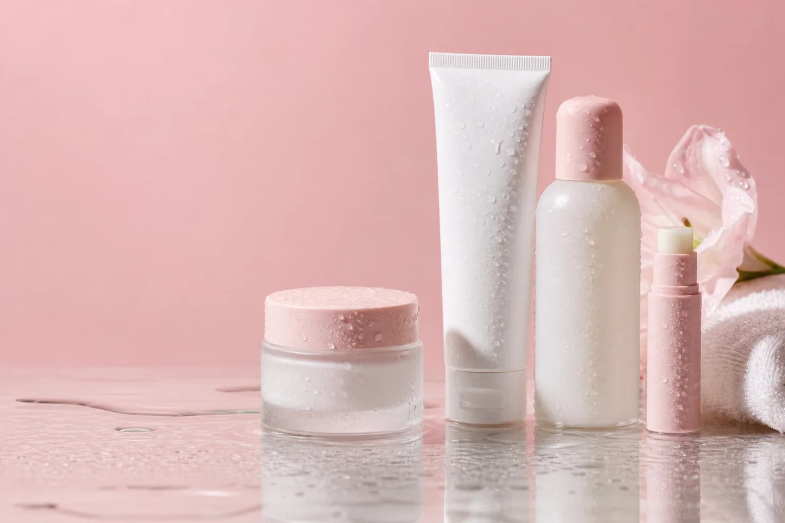 Skin-first essentials on a blush pink background